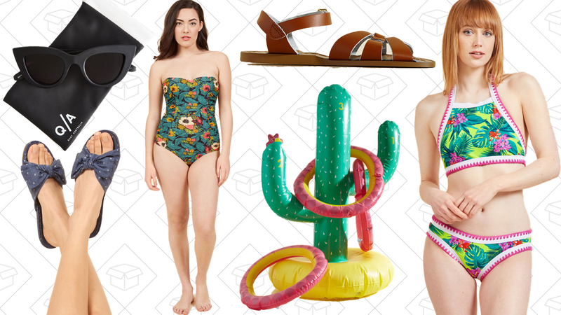 Kitti Sunglasses by Quay, $45 | Balcony and Beyond Sandal, $40 | Pretty Much Paradise One-Piece Swimsuit, $70 | Salt Water Leather Sandal, $41 | Inflatable Ring Toss, $25 | Get Back on Tropic Swimsuit Top, $65
